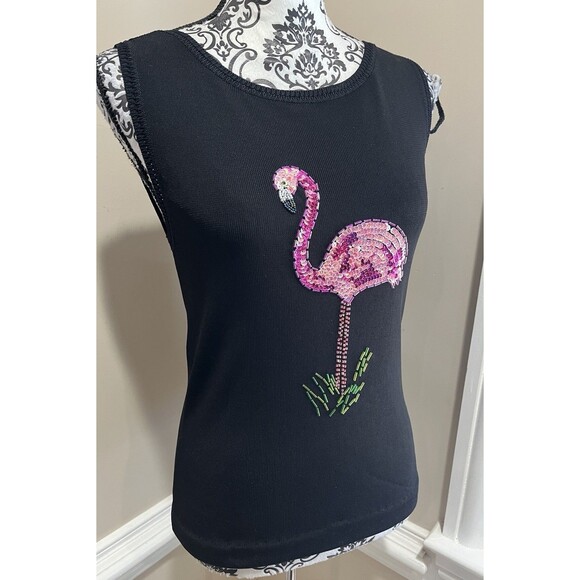 Sweater Works Womens Y2K Flamingo Sequin Knit Top Sz S Black Pink Mob Wife - Picture 6 of 12